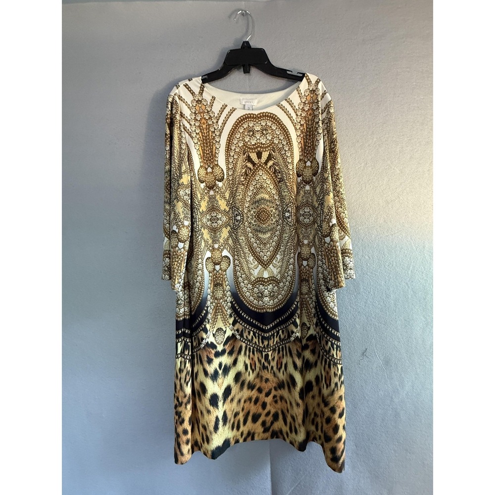 Chico's Dress‎ Womens 3 Brown Print Natalie Shift 3/4 Sleeve Leopard Knee Length